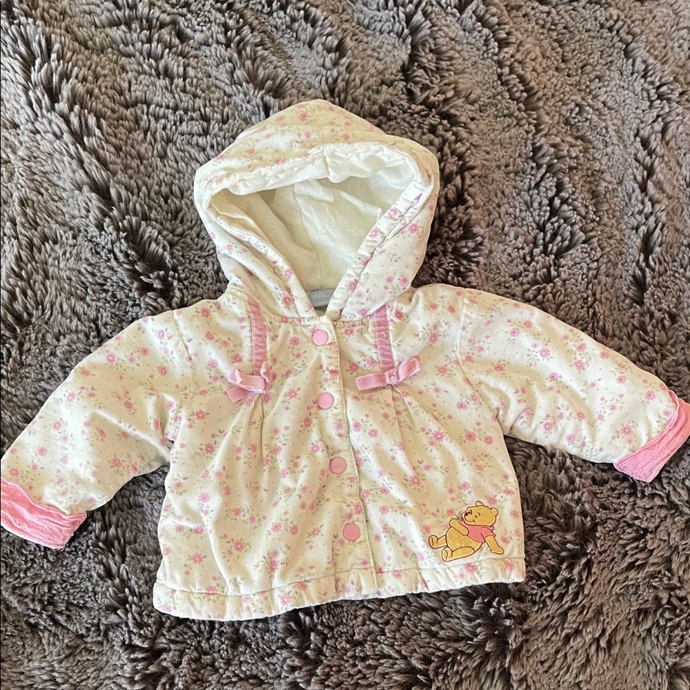 Vintage Winnie The Pooh Disney Cream Baby Jacket Pink Floral Sz 6/9M
